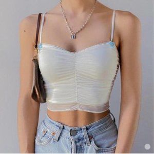 Urban Outfitters White and Blue Ruched Tank Top w/ Ribbons